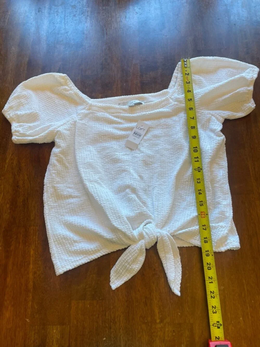 LOFT NWT White Textured Tie-Front Puff Sleeve Top Size XS Crop Blouse